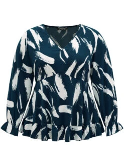 Brush Print Elastic Waist V Neck Ruffles Blouse -Bloomchic Shop 793905994 jw