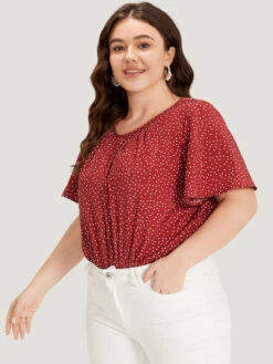 Polka Dot Elastic Waist Plicated Detail Ruffle Sleeve Bodysuit -Bloomchic Shop 795924060 kl