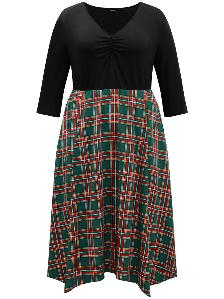 Plaid Contrast Patchwork Ruched Pocket Dress 9 Plaid Contrast Patchwork Ruched Pocket Dress - Image 7