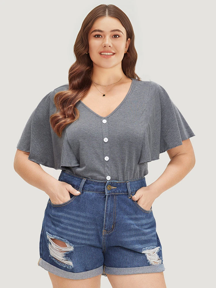 Plain Button Detail Flutter Sleeve Bodysuit 4 Plain Button Detail Flutter Sleeve Bodysuit - Image 2