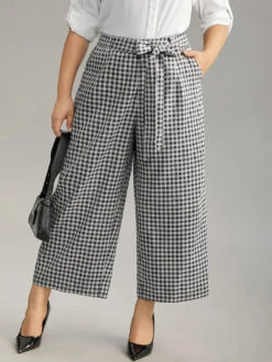 Plaid Belted Bowknot Wide Leg Pants