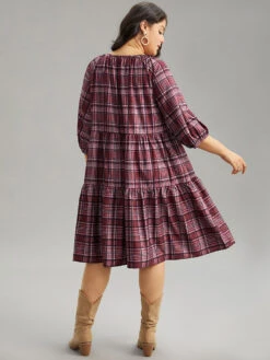 Plaid Tie Neck Ruffle Layered Hem Dress -Bloomchic Shop 798575627 ho
