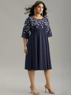 Silhouette Floral Print Embroidered Elastic Waist Dress -Bloomchic Shop 799209437 tk