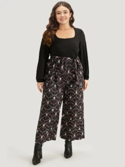 Halloween Skull Print Patchwork Belted Jumpsuit -Bloomchic Shop 800257816 me