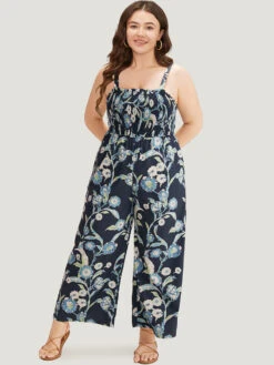 Plants Print Shirred Adjustable Straps Cami Jumpsuit -Bloomchic Shop 801017982 fh