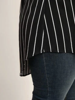 Striped Contrast V Neck Asymmetrical Hem Blouse -Bloomchic Shop 801164511 fl