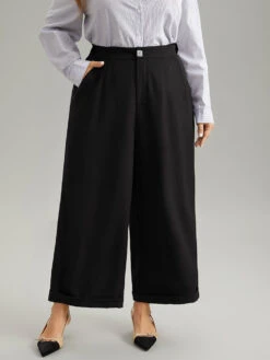 Plain Metal Detail Pocket Wide Leg Pants