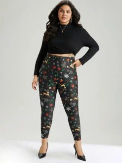 Christmas Print Elastic Waist Leggings -Bloomchic Shop 801316490 uv