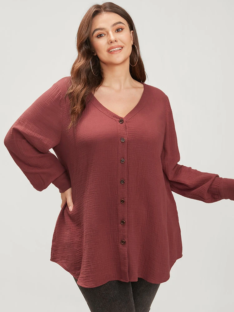 Solid V Neck Button Up Asymmetrical Hem Blouse 4 Solid V Neck Button Up Asymmetrical Hem Blouse - Image 2