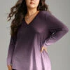 Ombre V Neck Slightly Stretchy T-shirt -Bloomchic Shop 801651426 ko