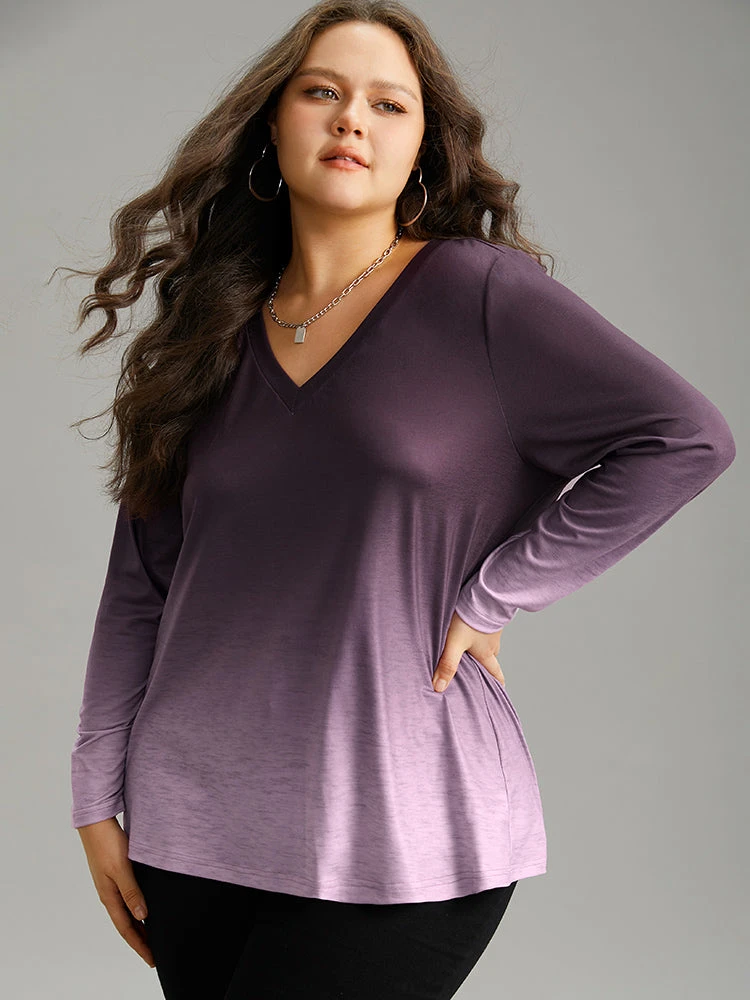 Ombre V Neck Slightly Stretchy T-shirt 3 Ombre V Neck Slightly Stretchy T-shirt