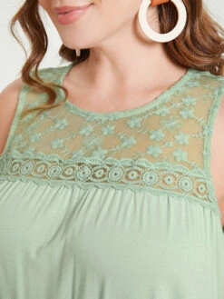 Plain Contrast Lace Mesh Ruffle Hem Tank Top -Bloomchic Shop 801845171 cn