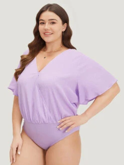 Solid Ruffle Sleeve V Neck Ruched Bodysuit -Bloomchic Shop 802472348 xe