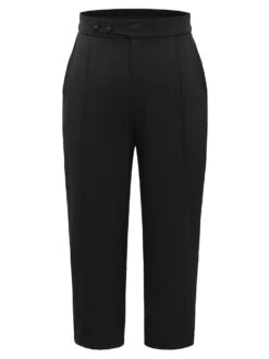 Plain Elastic Waist Pleated Button Detail Pants -Bloomchic Shop 803314736 zp