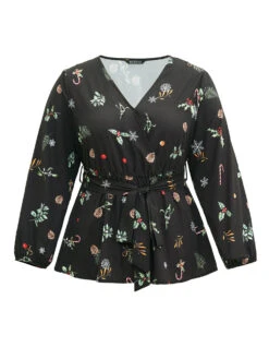 Christmas Elastic Waist Belted Wrap Blouse 19 Christmas Elastic Waist Belted Wrap Blouse -Bloomchic Shop 803396923 pu