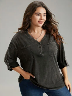 Vintage Roll Tab Sleeve Button Up T-shirt -Bloomchic Shop 804385606 kd