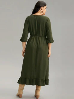 Plain Ruffles Patchwork Button Detail Cut Out Dress -Bloomchic Shop 804787408 tu