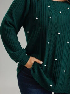 Plain Rib Knit Pearl Beaded Sweatshirt -Bloomchic Shop 805456118 db