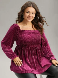 Velvet Frill Trim Shirred Square Neck Blouse