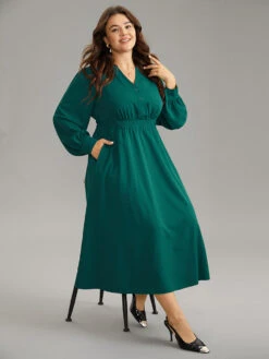 Anti-Wrinkle Shirred Gathered Notched Dress -Bloomchic Shop 806349218 xs
