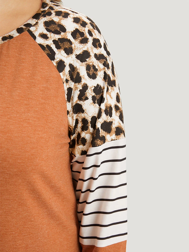 Striped Patchwork Leopard Print Crew Neck T-shirt 9 Striped Patchwork Leopard Print Crew Neck T-shirt - Image 7