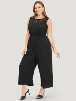 Solid Lace Mesh Pocket Sleeveless Jumpsuit -Bloomchic Shop 807648569 eh