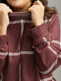 Plaid Geometric Contrast Funnel Neck T-shirt -Bloomchic Shop 810272810 qp