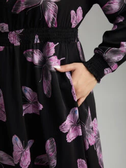 Butterfly Print Pocket Shirred Cuffs Dress -Bloomchic Shop 811604230 yz