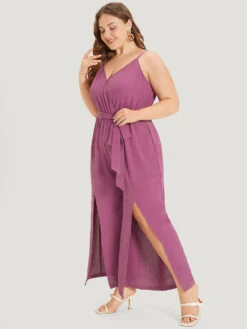 Plain Split Front Pocket Surplice Neck Belted Jumpsuit -Bloomchic Shop 812000919 fp 6208f872 d79c 4943 99bb ad736b85c5db