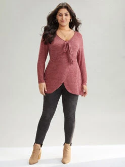 Solid Heather Bowknot Arc Hem Ties T-shirt -Bloomchic Shop 812534250 ao