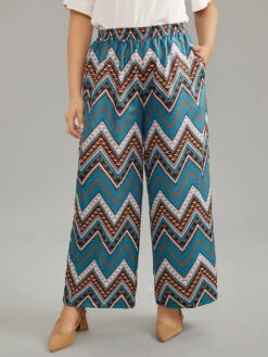 Boho Print Lastic Waist Wide Leg High Rise Pants