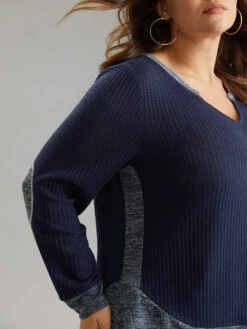 Waffle Knit Two Tone Notched Patchwork T-shirt 12 Waffle Knit Two Tone Notched Patchwork T-shirt -Bloomchic Shop 81450914 zb