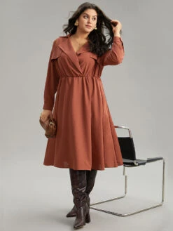 Static-Free Plain Lapel Collar Belted Pocket Dress