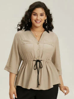 Contrast Drawstring Roll Tab Sleeve Patched Pocket Blouse -Bloomchic Shop 815180869 kl 612ca65f 8e66 4f9e 8304 d4c43a174c58