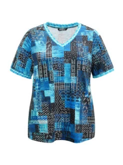 Geometric Print V Neck T-shirt -Bloomchic Shop 815527612 ds