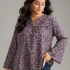 Ditsy Floral Notched Bell Sleeve Blouse -Bloomchic Shop 816471584 zr
