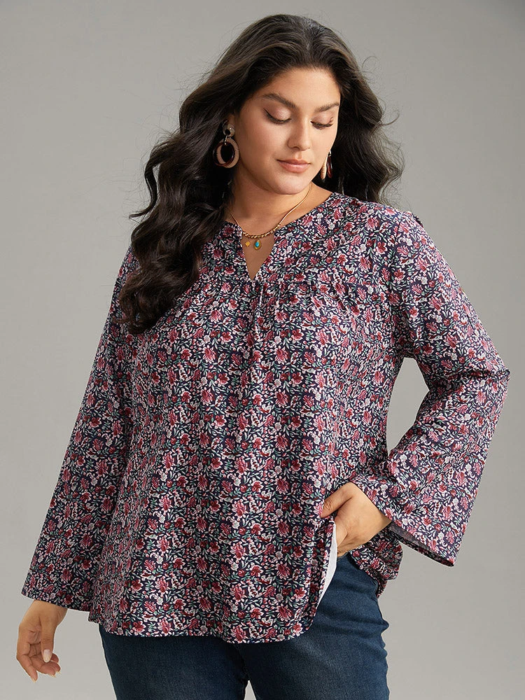 Ditsy Floral Notched Bell Sleeve Blouse 2 Ditsy Floral Notched Bell Sleeve Blouse