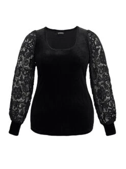 Lace Patchwork Square Neck Lantern Sleeve T-shirt -Bloomchic Shop 818047552 id