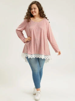 Striped Guipure Lace Crew Neck T-shirt 13 Striped Guipure Lace Crew Neck T-shirt -Bloomchic Shop 819263941 kg