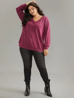 Solid Plisse Elastic Cuffs V Neck Sweatshirt -Bloomchic Shop 819500608 tq