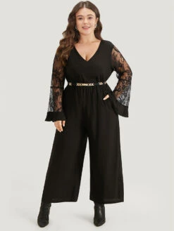 Halloween Plain Mesh Eyelet Lace Pocket Jumpsuit -Bloomchic Shop 820245167 tz