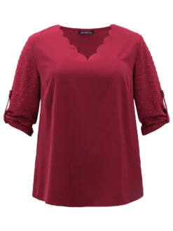 Plain V Neck Tab Sleeve Scalloped Trim Blouse -Bloomchic Shop 82068940 jm