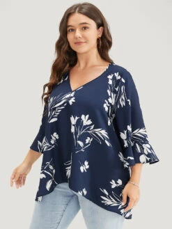 Floral Asymmetrical Hem Ruffle Trim Flounce Sleeve Blouse -Bloomchic Shop 822199258 kd 1f531178 26b4 4e2a 9aec f0c4aceb90ea