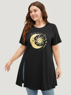 Moon & Letter Print Split Hem T-shirt -Bloomchic Shop 822430405 to