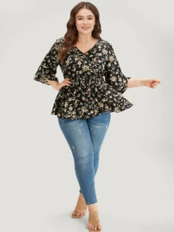 Floral Print Shirred Button Detail V Neck Petal Sleeve Blouse -Bloomchic Shop 822504917 vr 0b5528eb 4638 42e5 8b36 482962fa32d2