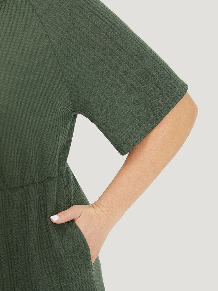 Plain Waffle Knit Pocket Button Detail Notched Jumpsuit 9 Plain Waffle Knit Pocket Button Detail Notched Jumpsuit - Image 7