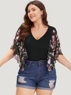 Floral Print Patchwork Mesh Asymmetrical Sleeve Bodysuit -Bloomchic Shop 823741828 kc