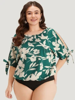 Silhouette Floral Print Knotted Cut Out Round Neck Bodysuit -Bloomchic Shop 824002205 gu