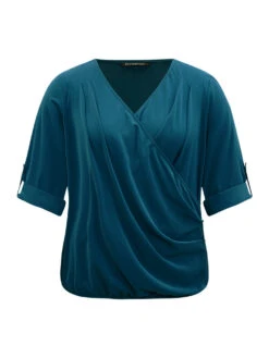 Solid Crossover Roll Tab Sleeve Blouse -Bloomchic Shop 824926471 jy