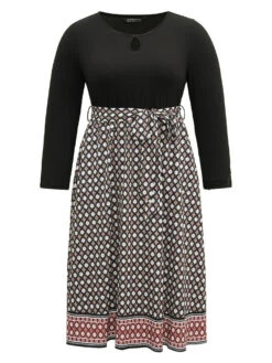 Geometric Patchwork Cut Out Belted Dress -Bloomchic Shop 825023989 ki